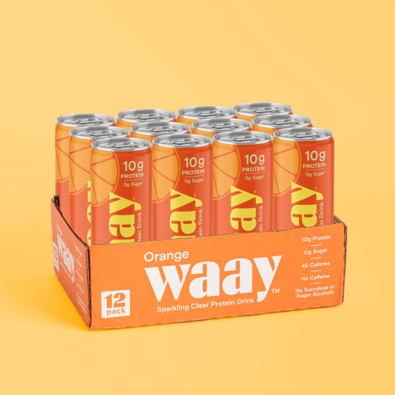 12-pack of Orange Waay protein drinks on a yellow background