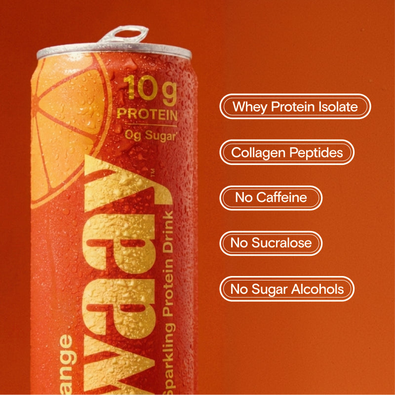 Orange protein drink can with nutritional information on an orange background
