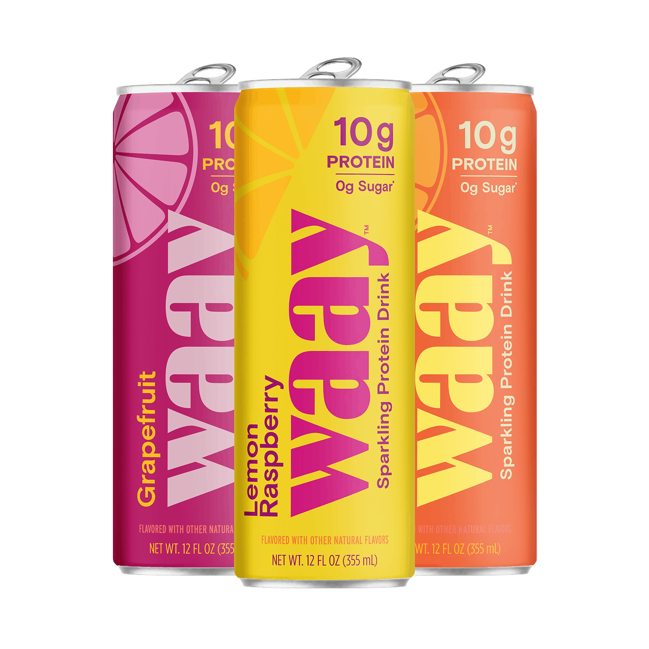 Three cans of Waay sparkling protein drink in different flavors on a black background