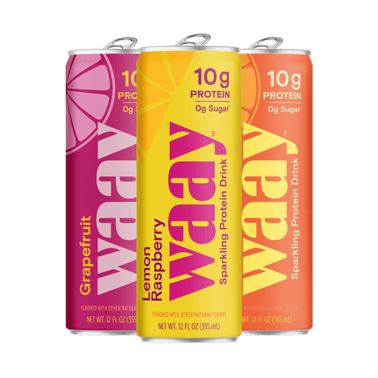 Three cans of Waay sparkling protein drink in different flavors on a black background