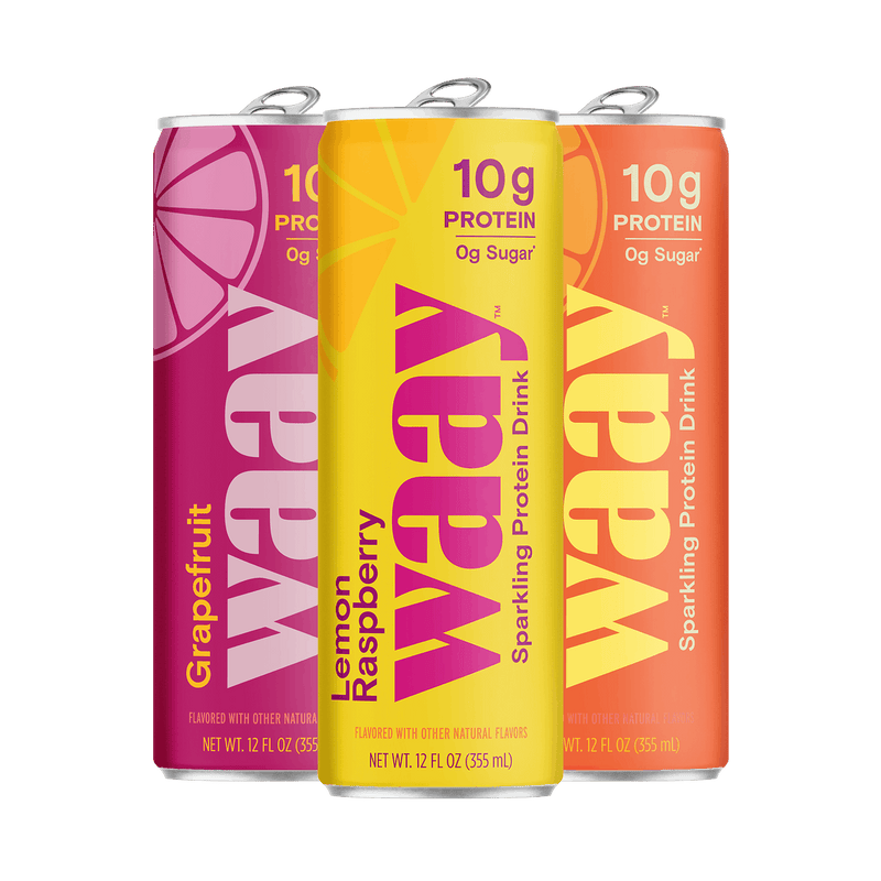 Three cans of Waay sparkling protein drink in different flavors on a black background